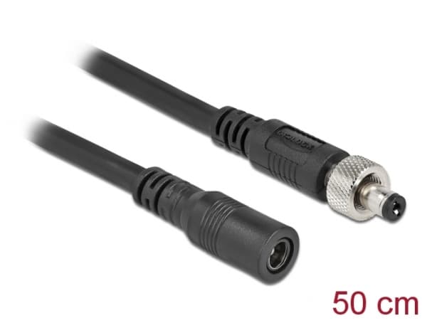 Delock - Strømforlengelseskabel - 5,5 x 2,1 mm DC-jakk (hunn) til 5,5 x 2,1 mm DC-jakk (hann) skrubar - 30 V - 2 A - 50 cm - svart