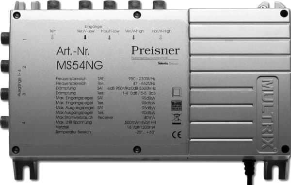 Televes MS54NG, Kabelsplitter, 950 - 2300 MHz, Grå, 1200 mA, 180 - 264 V, 1 stykker, 204 mm