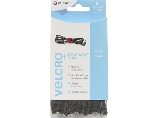 Velcro VEL-EC60388, Koukullinen ja lenkillinen nippuside, Velcro, Musta, 200 mm, 12 mm, 6 kpl