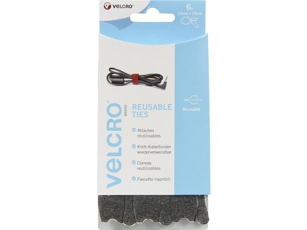 Velcro VEL-EC60388, Koukullinen ja lenkillinen nippuside, Velcro, Musta, 200 mm, 12 mm, 6 kpl