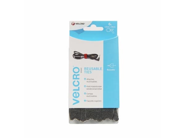 Velcro VEL-EC60388, Koukullinen ja lenkillinen nippuside, Velcro, Musta, 200 mm, 12 mm, 6 kpl