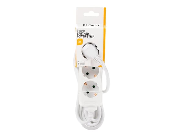 DELTACO GT-0301 - Effektband - 3500 Watt - ingång: power CEE 7/7 - utgångskontakter: 3 (3 x CEE 7/4) - 3 m sladd - vit