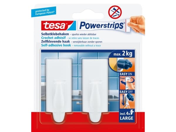 TESA 58045-00000, Yleiskoukku, Valkoinen, Muovi, 2 kg, 2 kpl, Kupla