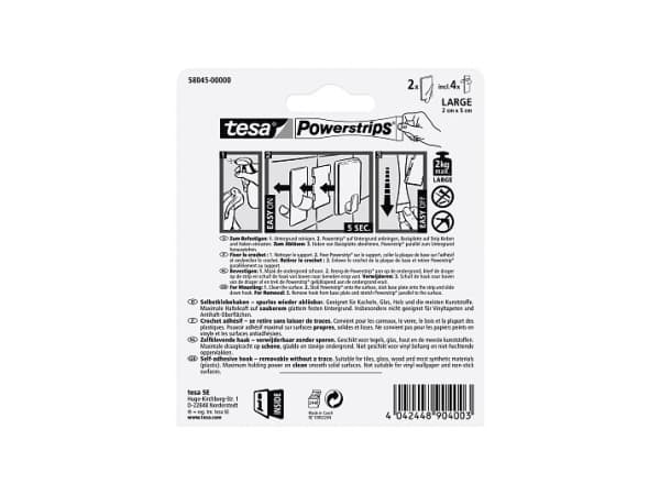 TESA 58045-00000, Yleiskoukku, Valkoinen, Muovi, 2 kg, 2 kpl, Kupla