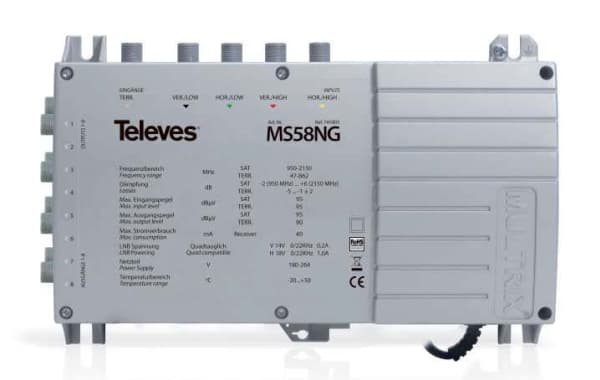 Televes MS56NG, Kabelfordeler/-kombinator, 75 ohm (O), 950 - 2150 MHz, Grå, Hanstik/Hunstik, 1200 mA, 180 - 264 V