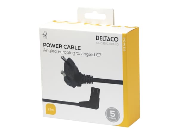 DELTACO - Strømkabel - Europlug til power IEC 60320 C7 vinklet - 1.5 m - svart