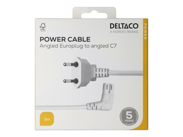 DELTACO - Strømkabel - Europlug vinklet til power IEC 60320 C7 vinklet - 3 m - hvit