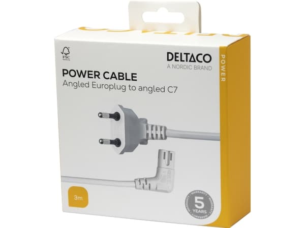 DELTACO - Strømkabel - Europlug vinklet til power IEC 60320 C7 vinklet - 3 m - hvit