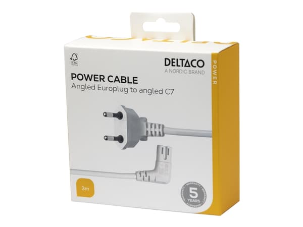 DELTACO - Strømkabel - Europlug vinklet til power IEC 60320 C7 vinklet - 3 m - hvit