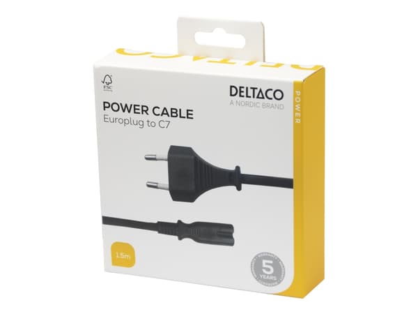 DELTACO - Strømkabel - Europlug (hann) til power IEC 60320 C7 - AC 250 V - 2.5 A - 1.5 m - svart