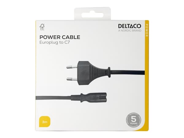 DELTACO - Strømkabel - Europlug til power IEC 60320 C7 - 3 m - svart