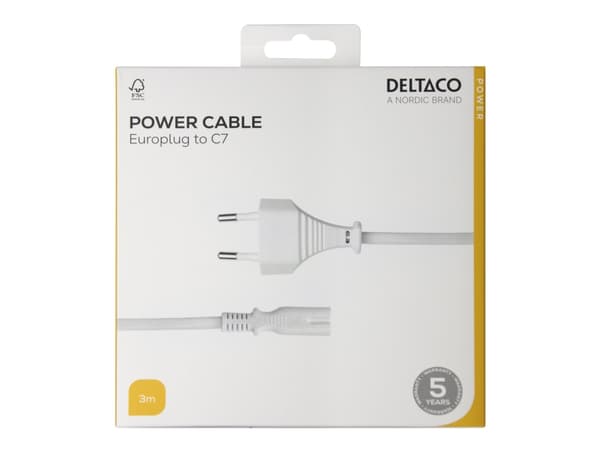 DELTACO - Strømkabel - Europlug til power IEC 60320 C7 - 3 m - hvit
