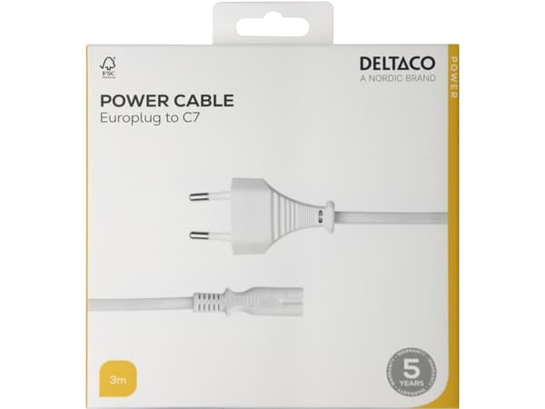 DELTACO - Strømkabel - Europlug til power IEC 60320 C7 - 3 m - hvit
