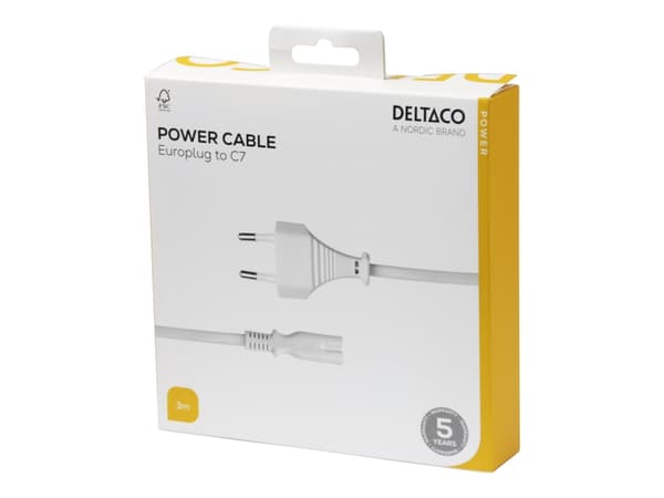 DELTACO - Strømkabel - Europlug til power IEC 60320 C7 - 3 m - hvit