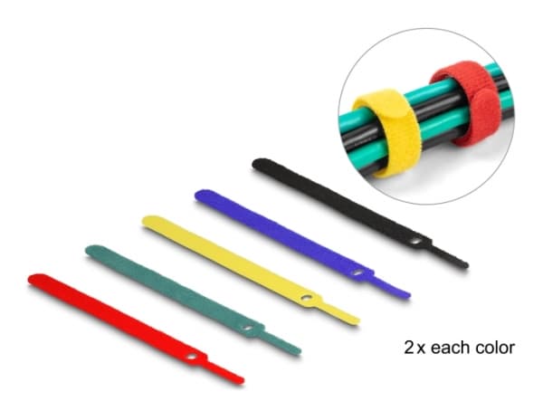 Delock - Hook & loop tie - 15 cm - svart, blå, gul, rød, grønn (en pakke 10)