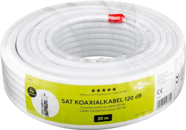 goobay - Antennekabel i stort parti - 20 m - firedobbelt-skjermet koaksial - 120 dB - hvit
