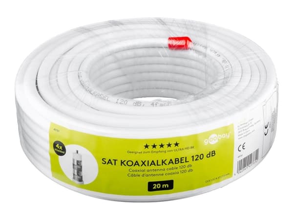 goobay - Antennekabel i stort parti - 20 m - firedobbelt-skjermet koaksial - 120 dB - hvit