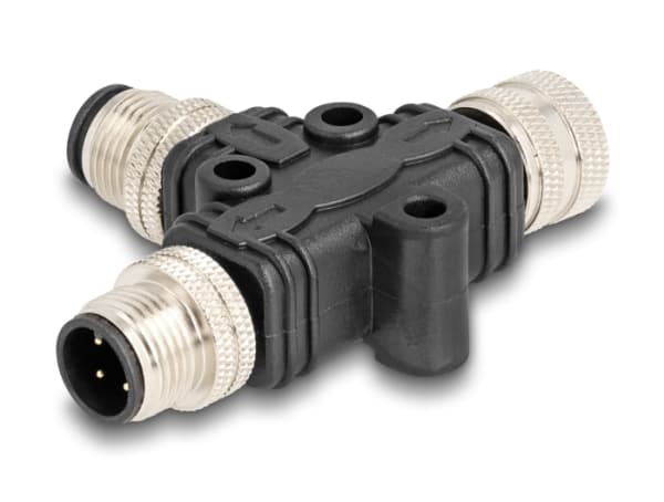 Delock - Strømsplitter - 4-pins M12 (hann) til 4-pins M12 (hunn) - 250 V - 4 A - A-coded - svart