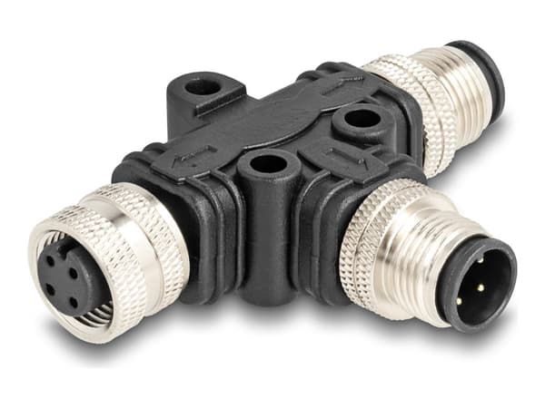 Delock - Strømsplitter - 4-pins M12 (hann) til 4-pins M12 (hunn) - 250 V - 4 A - A-coded - svart