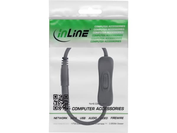 InLine DC cable with Switch, DC male/female 5,5x2,5mm, AWG 18, black, 0.20m, 0.2 m, 5.5 x 2.5 mm, 5.5 x 2.5 mm, 12 V, 11.6 A