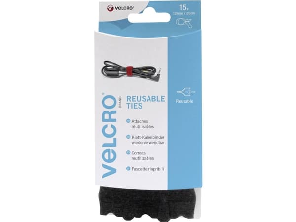 Velcro VEL-EC60466, Borrelås-kabelbånd, Velcro mappe, Sort, 200 mm, 12 mm, 15 stykker