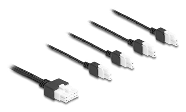 Delock-kabel Mini-Fit 4,2 mm 10-polig hane till 4 x DC 5,5 x 2,5 mm hona och 4 x Mini-Fit 4,2 mm 2-polig hane 1 m svart
