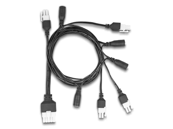 Delock-kabel Mini-Fit 4,2 mm 10-polig hane till 4 x DC 5,5 x 2,5 mm hona och 4 x Mini-Fit 4,2 mm 2-polig hane 1 m svart