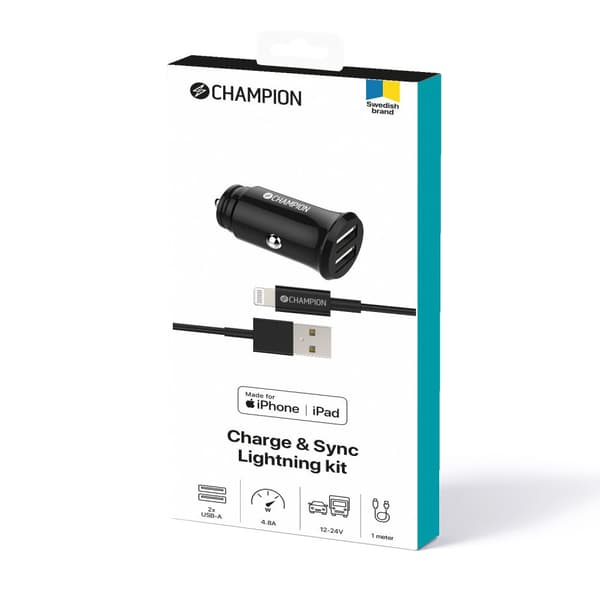 Biloplader 24W + USB-A til Lightning Kabel Sort