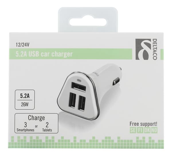 Car charger, 5.2 A, 3x USB-A, 12-24 V DC input, white/silver