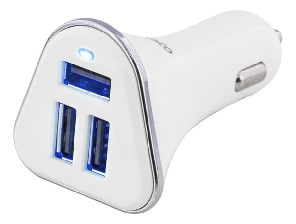 Car charger, 5.2 A, 3x USB-A, 12-24 V DC input, white/silver