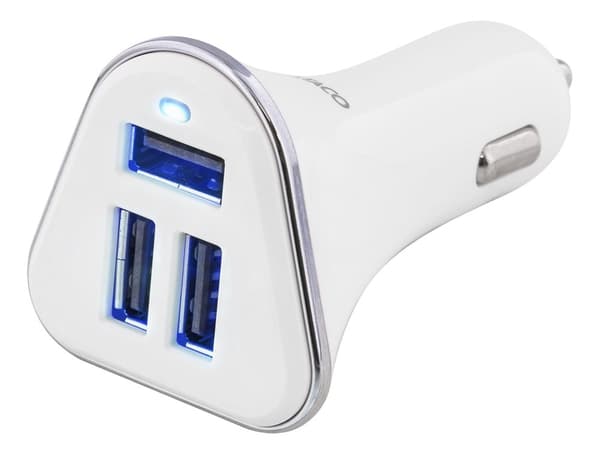 Car charger, 5.2 A, 3x USB-A, 12-24 V DC input, white/silver