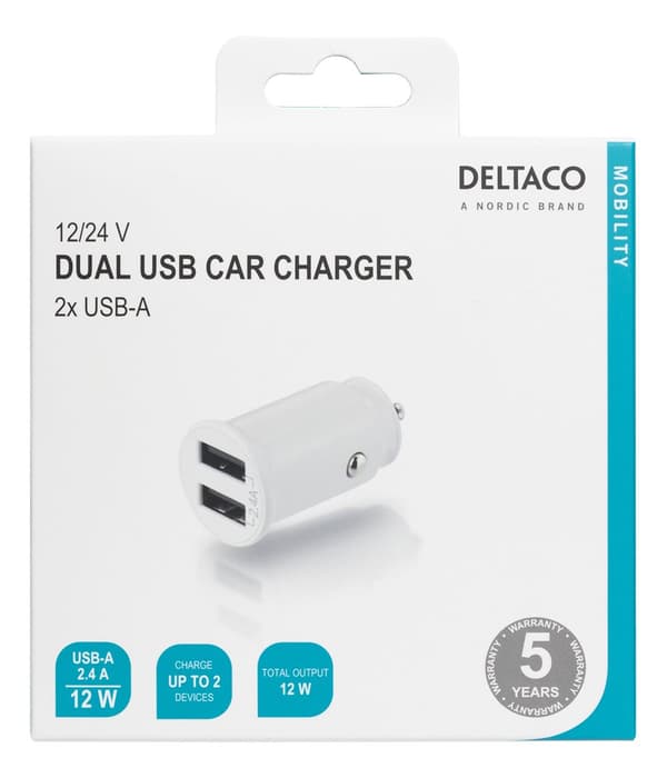 USB car charger, 2x USB-A, 2.4 A, total 12 W, white