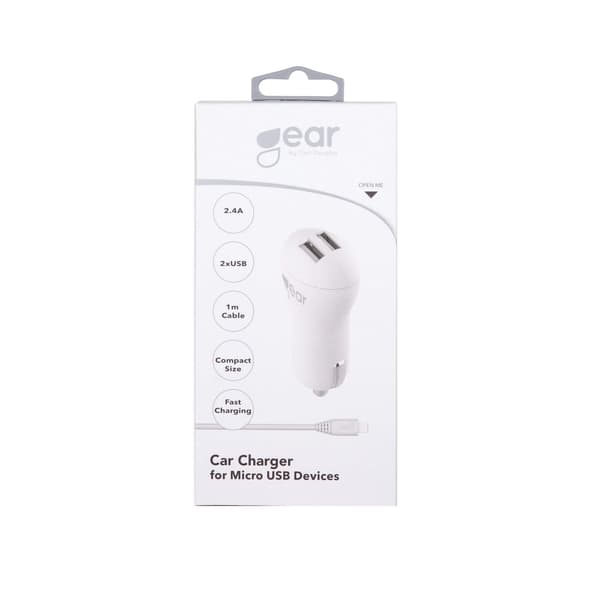 GEAR Lader 12-24V 2xUSB 2,4A Hvit MicroUSB Kabel Rund 1m