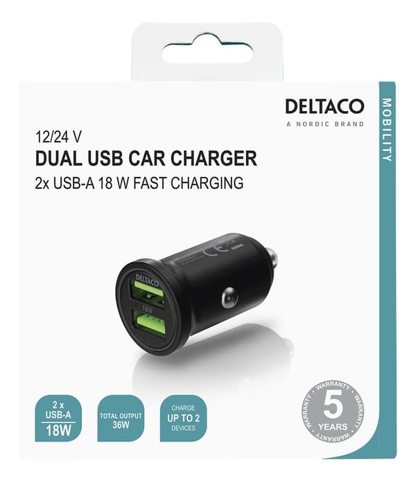 12/24 V USB car charger dual USB-A ports, 36 W, 12/24 V