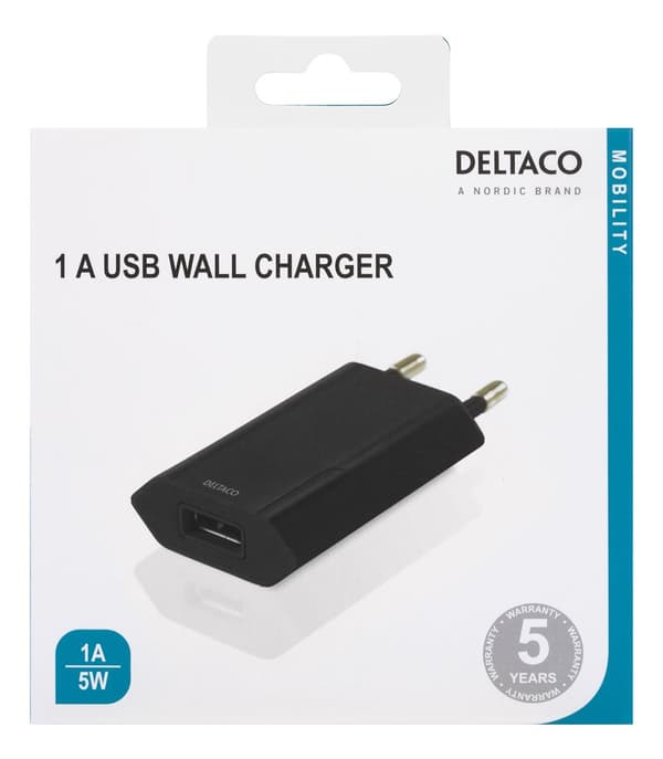 USB wall charger 100 – 240 V 1x USBA 1 A 5 W retail black