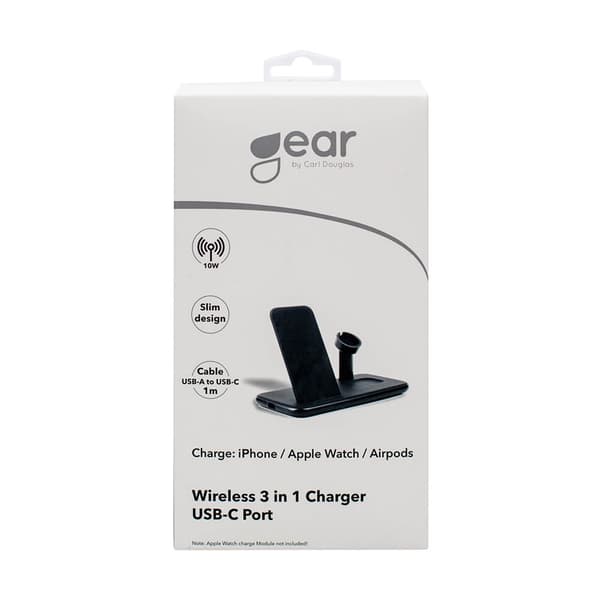 GEAR Trådløs Tripple QI Lader USB-C Tilk. 20W totalt  Svart Mobil/Watch/Airpods