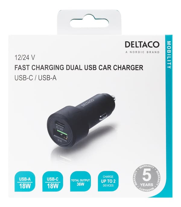 USB car charger, 1xUSB-A 18W, 1xUSB-C PD 20W, tot 38W, black