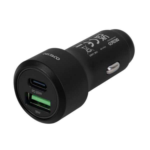 USB car charger, 1xUSB-A 18W, 1xUSB-C PD 20W, tot 38W, black