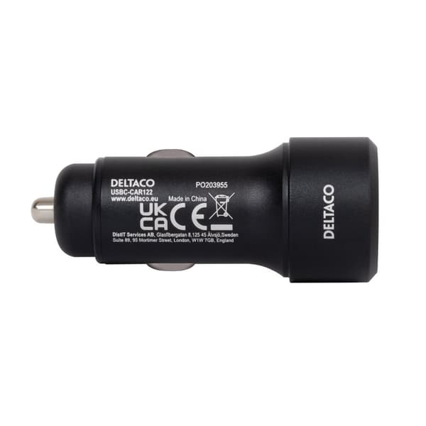 USB car charger, 1xUSB-A 18W, 1xUSB-C PD 20W, tot 38W, black