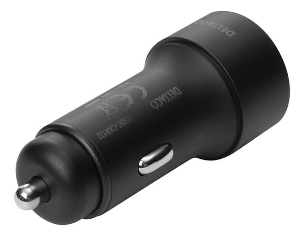 USB car charger, 1xUSB-A 18W, 1xUSB-C PD 20W, tot 38W, black