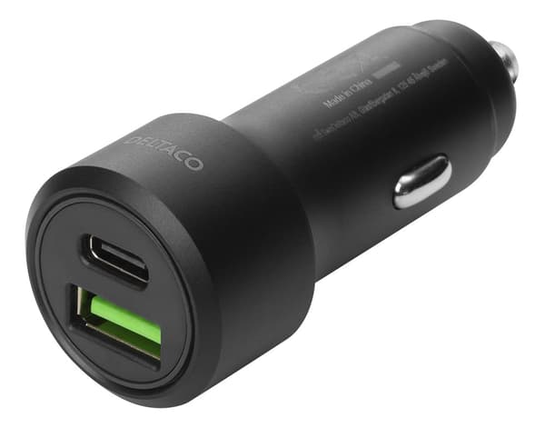 USB car charger, 1xUSB-A 18W, 1xUSB-C PD 20W, tot 38W, black