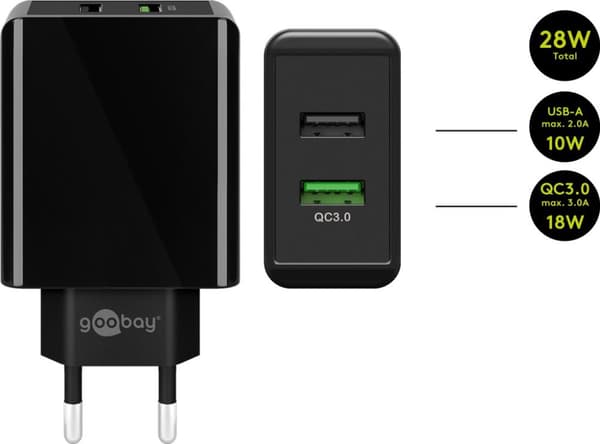 Dual-USB hurtiglader USB/QC3.0 (28W) svart