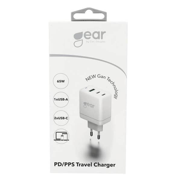 Lader GAN 220V 2xUSB-C+1xUSB-A PD 45W+18W+5A (total 65W) Hvid