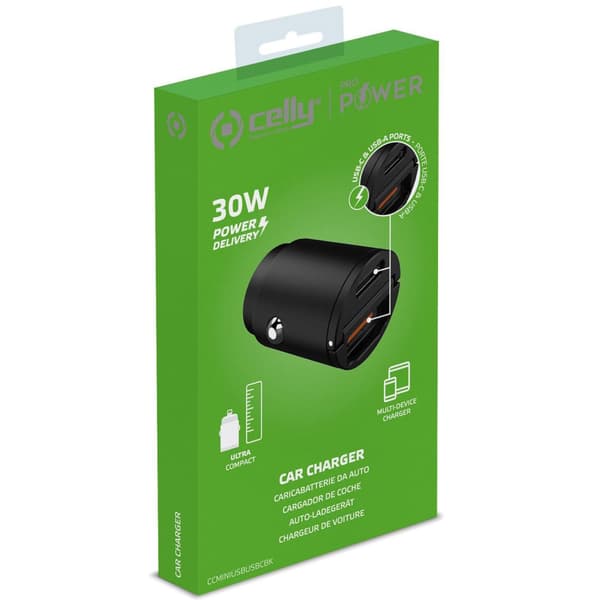 Celly Biloplader Mini 1xUSB-C PD 1xUSB 30W