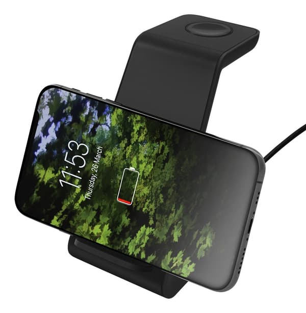 3-in-1 wireless charger stand, 15 W, 5 W, 3 W, black