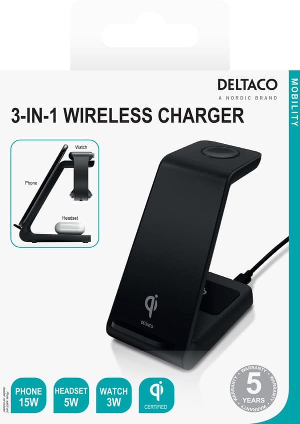 3-in-1 wireless charger stand, 15 W, 5 W, 3 W, black
