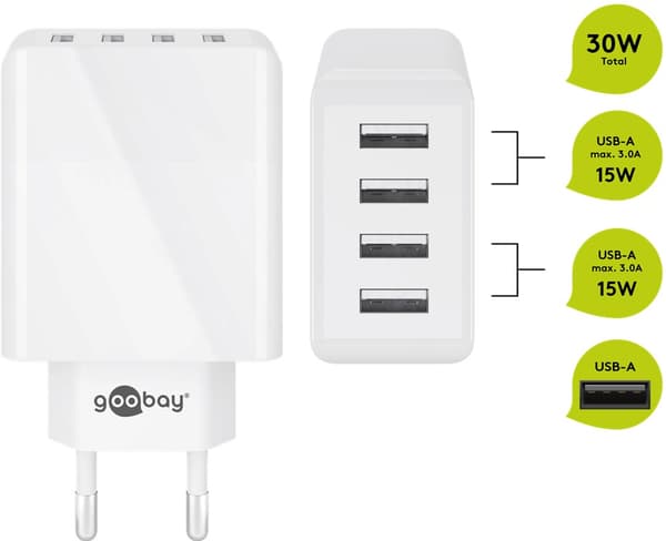 USB-A multiport oplader (30 W) hvid