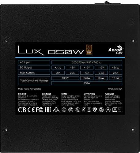 Aerocool LUX850 PC strømforsyning 850W 80 Plus Bronze 230V 88% effektivitet sort