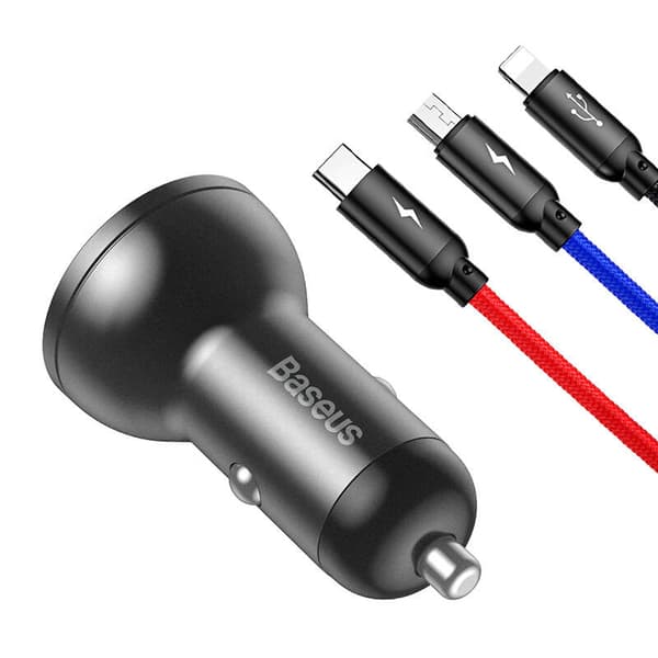 Ładowarka samochodowa Baseus med wyświetlaczem 24W + kabel USB 3w1 Baseus Tre primære farver 1,2m