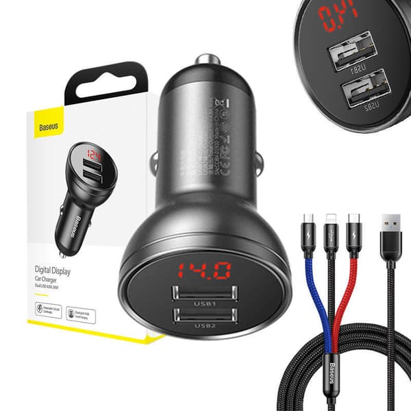 Ładowarka samochodowa Baseus med wyświetlaczem 24W + kabel USB 3w1 Baseus Tre primære farver 1,2m
